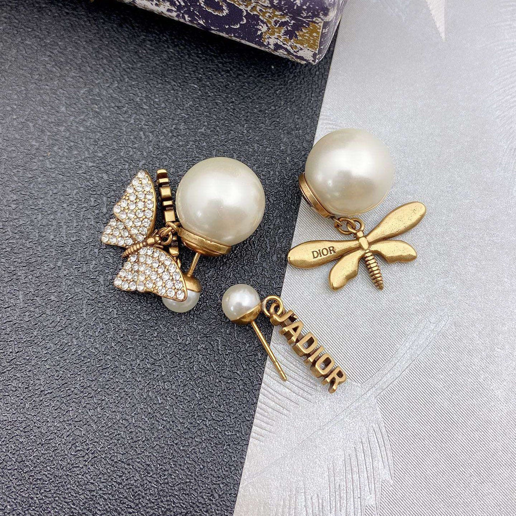 Dior Dragonfly/ Butterfly Pearl 18K Gold Earrings