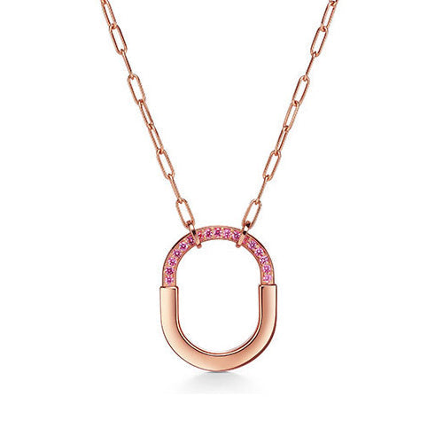 Tiffany Lock Pink Pave Diamonds 18K Gold Necklace