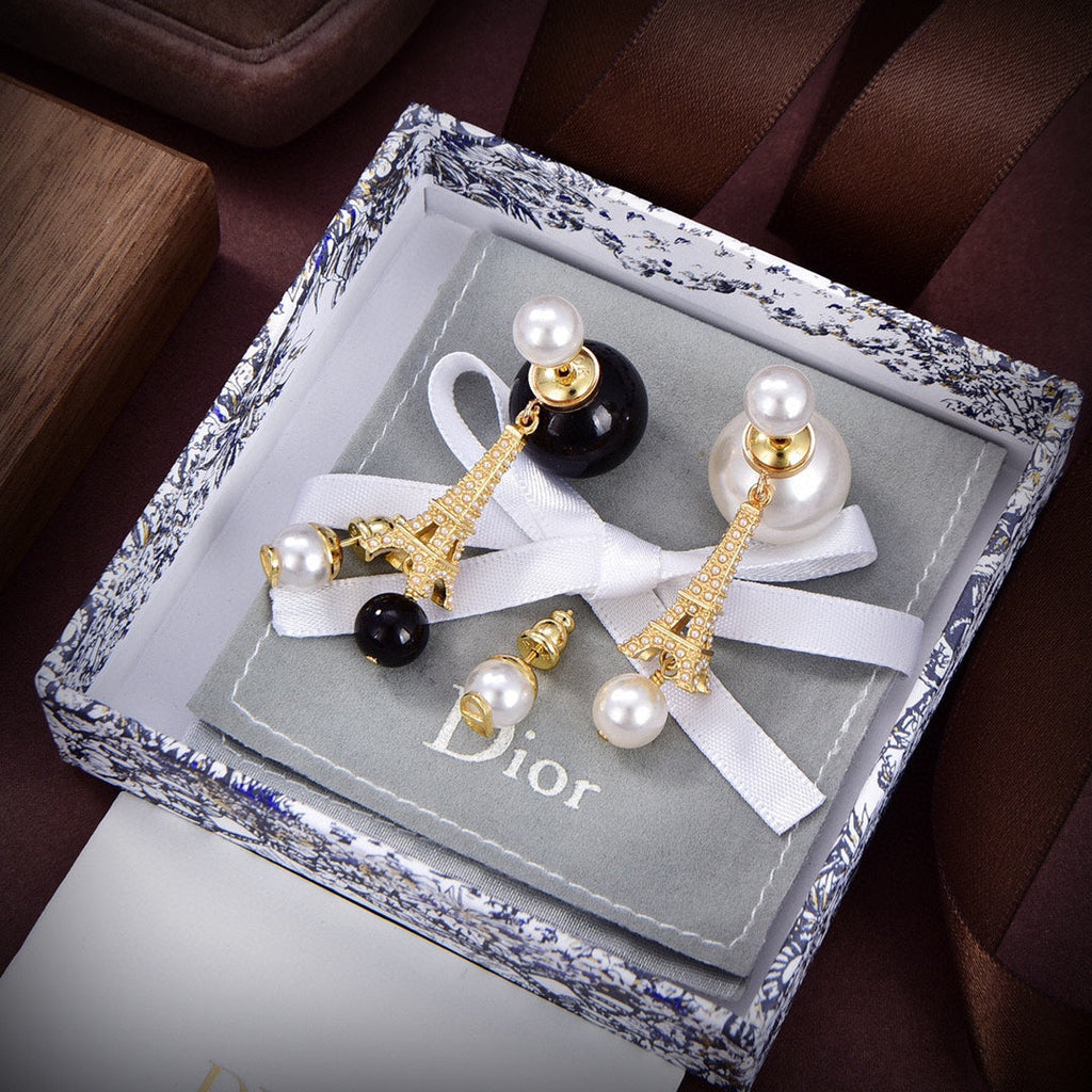 Dior Tribales Eiffel Tower Charm White Pearls 18K Gold Earrings