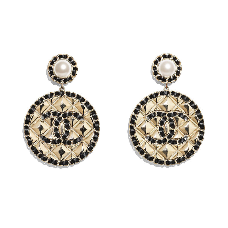 Chanel Leather Round 18K Gold Earrings