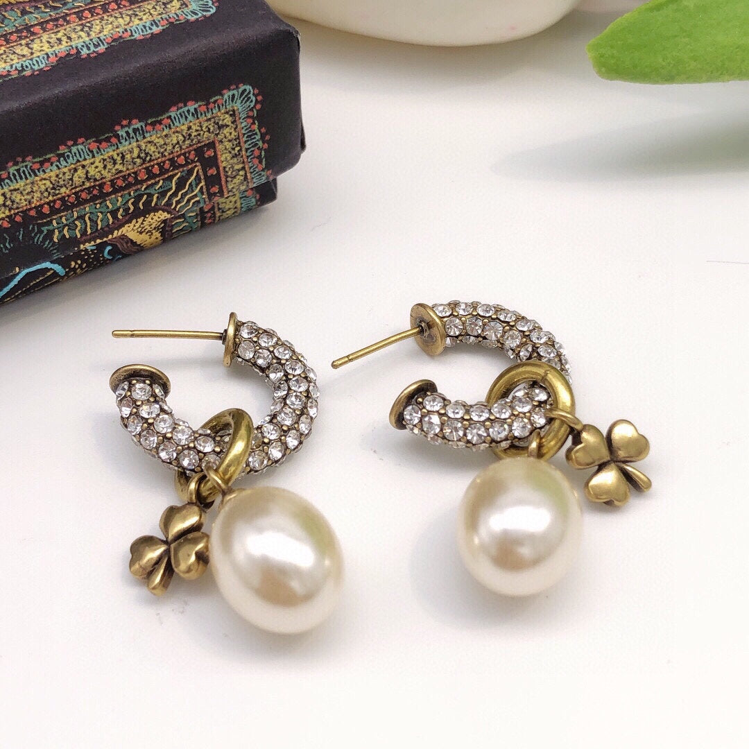 Dior March Grass Pearl Crystals 18K Gold Earrings